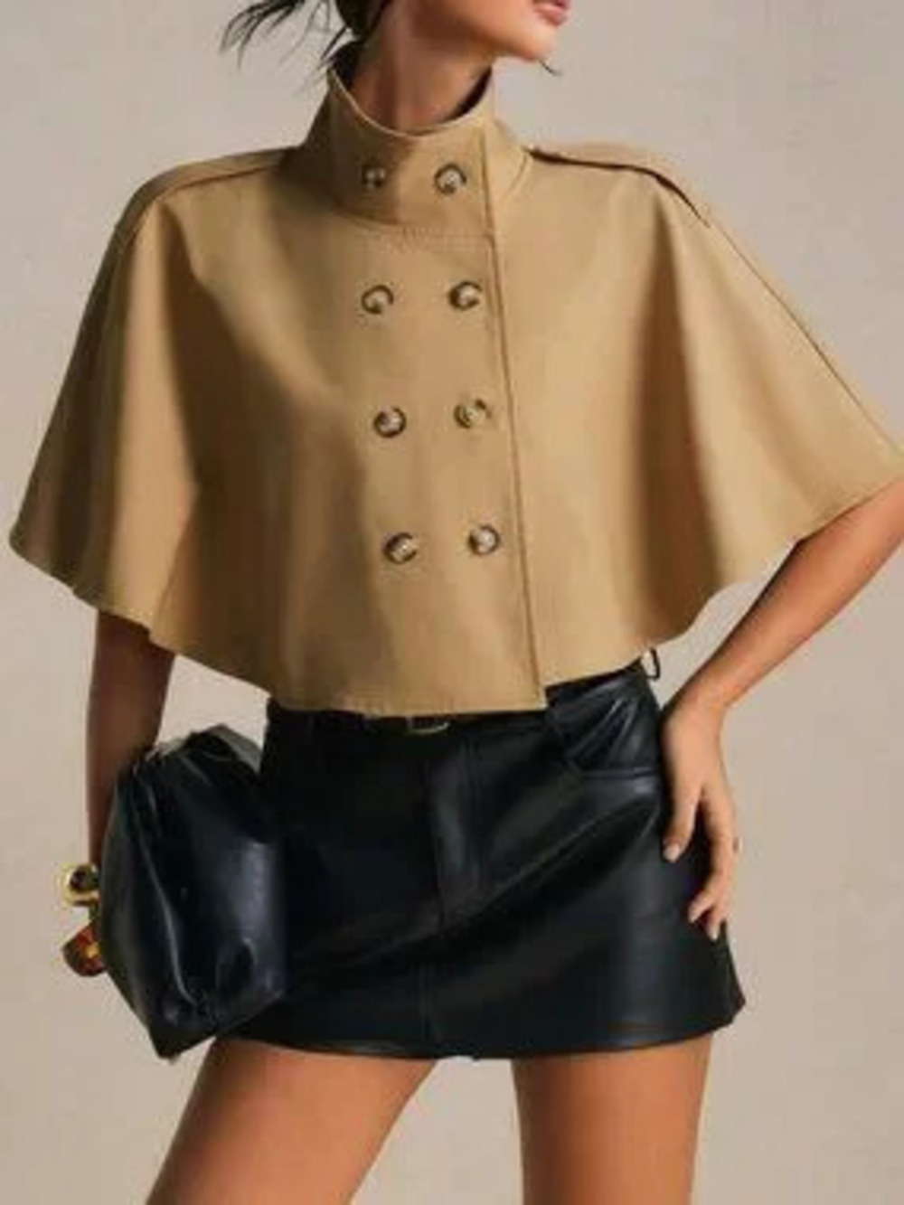 Brown Elegant Women's Cropped Double Breasted Cape Trench Coat